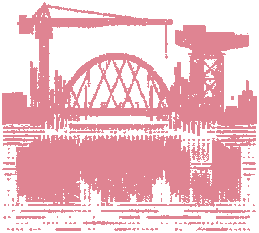 Illustration of Glasgow's skyline: an arched bridge with cranes and city buildings, drawn in crimson on black.